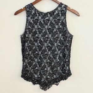 JKARA New York Floral Beaded Lace Overlay Top Medium Black Gray